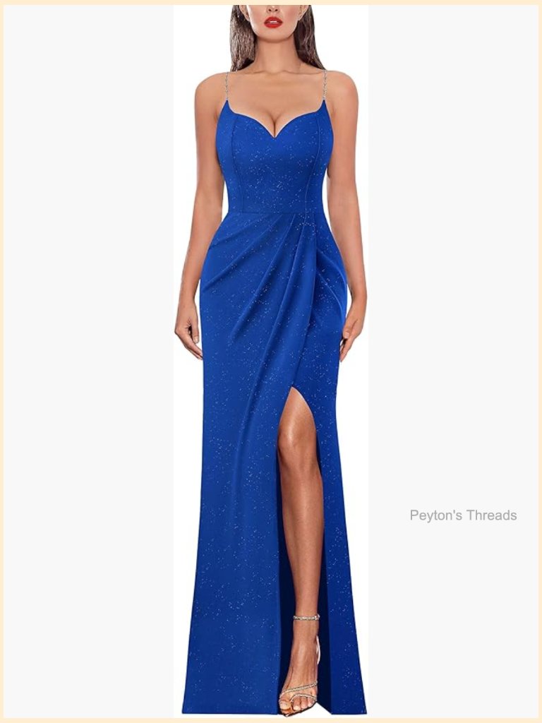 Sexy Formal Ruched Fitted High Slit Bodycon Maxi Dress Spaghetti Strap